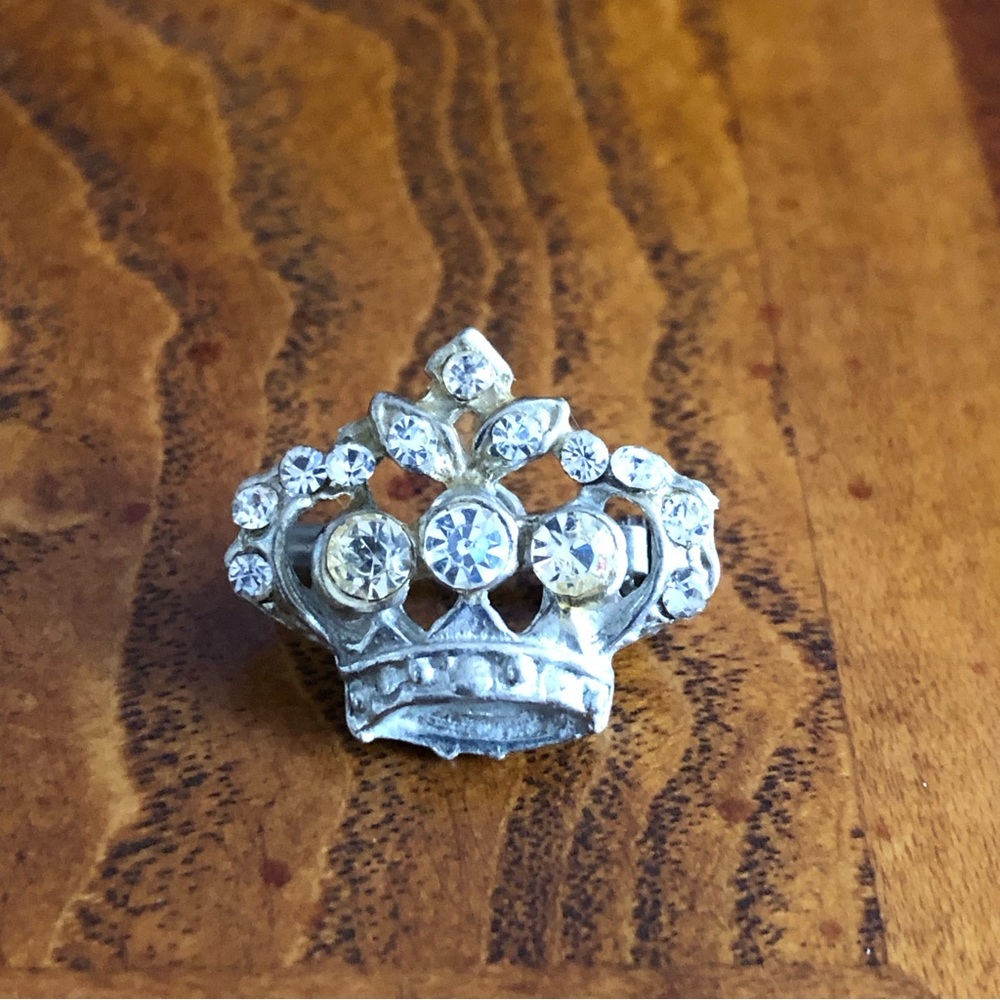 Vintage crown clear rhinestone silver metal mini pin brooch